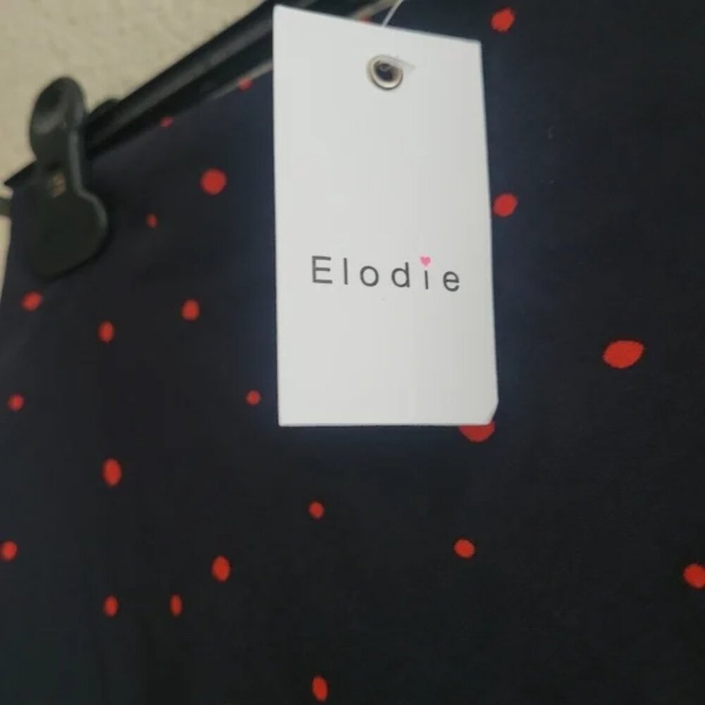 New Anthropologie Elodie Skirt A-line Midi Length Navy Blue with Red Polka Dots - Picture 6 of 8